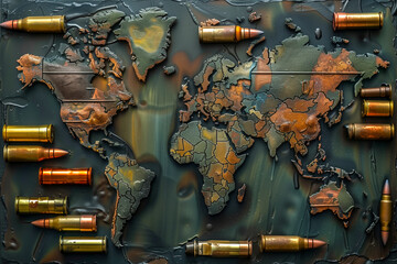 Weapons cartridges world map war concept of militarization of the planet, confrontation between powers. Multipolar world dictatorship democracy - obrazy, fototapety, plakaty