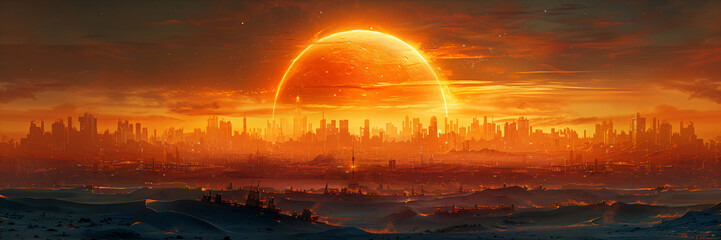 apocalyptic desert landscape with sun and abandoned science fiction cityscape - obrazy, fototapety, plakaty