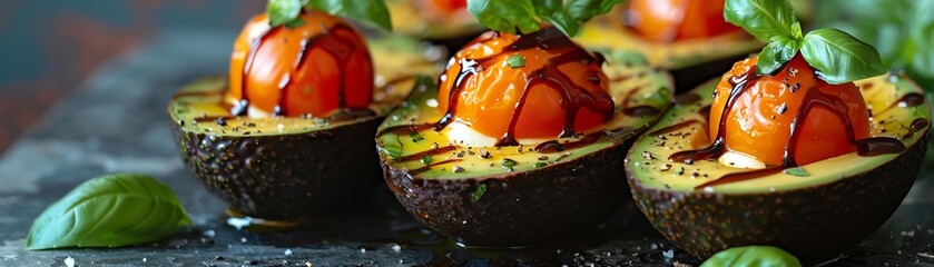 avocado halves with cherry tomatoes, basil, and balsamic vinegar - obrazy, fototapety, plakaty