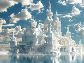 Enchanting Milk-Glass Palace Reflecting in the Waters of a Fantasy Kingdom