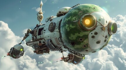 Advanced Melon-Headed Robot with Aerial Propulsion Systems Soaring Above Clouds - obrazy, fototapety, plakaty