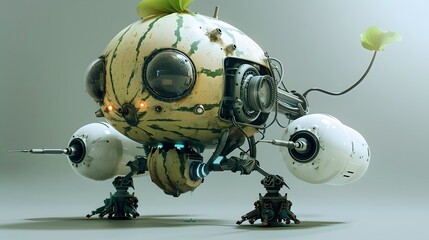 Futuristic Robot with a Melon-Shaped Head and Jet Thrusters Exploring a Neutral Background - obrazy, fototapety, plakaty