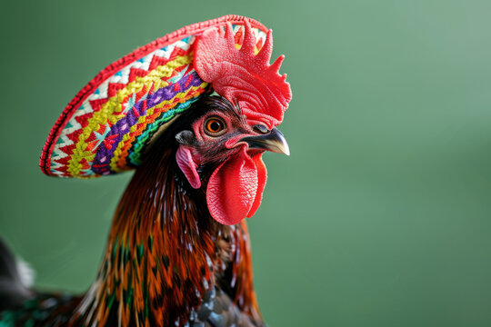 a cute chicken cockrel dressed in mexican sombrero hat and clothing studio shot