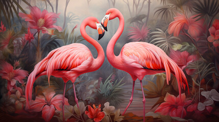 Pink flamingos gracefully standing in a serene lake