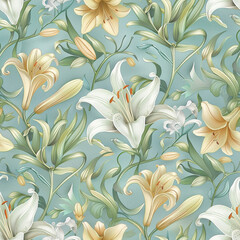 seamless floral pattern with lily for social media posts, fabric, textile, banner, card design, etc - obrazy, fototapety, plakaty