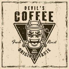 Devil coffee paper cup mascot vector emblem, badge, label or print. llustration on background with grunge textures and frame