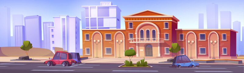 Cars parked near administration building in city. Vector cartoon illustration of classic style school, museum, university house, autos on road, modern cityscape silhouettes on blue sky background - obrazy, fototapety, plakaty