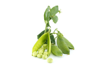 Garden peas pods with green leaves isolated on white