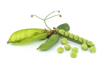 Open pea pods and green leaf isolated over white
