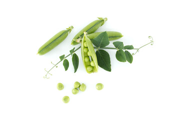 Group of green pea pods and peas isolated on white