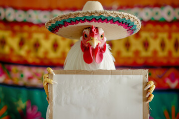 a chicken dressed in mexican sombrero hat and clothing holding a blank promotion sign - obrazy, fototapety, plakaty