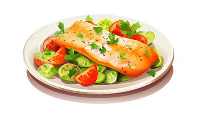 Fish fillet with vegetables on a white plate isolated vector style illustration