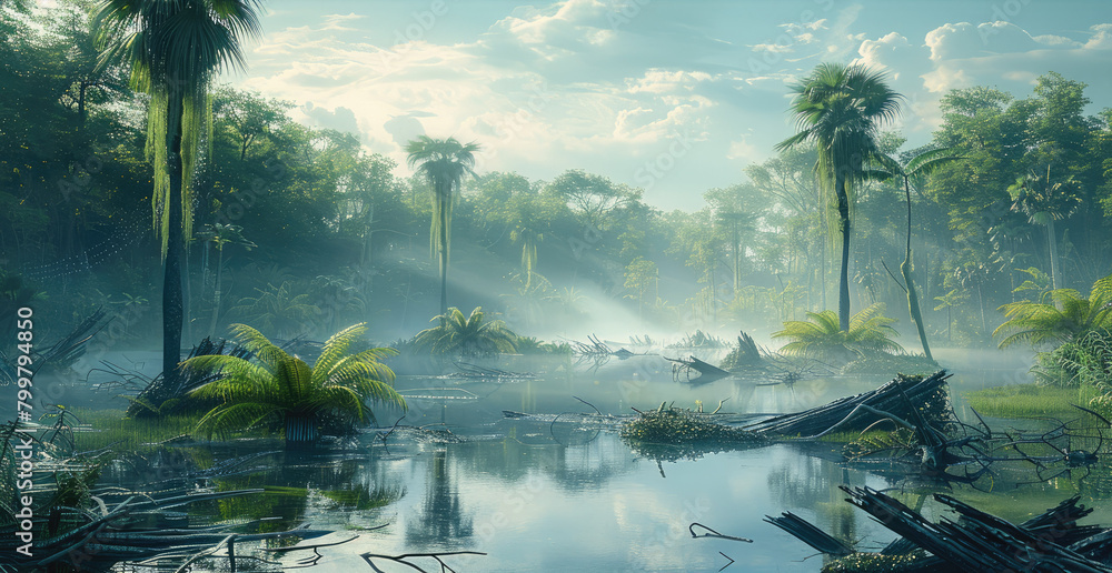 Poster Open wide landscape with prehistoric forest and palm trees, fern trees, fern, engulfed in fog layers, swamp water, clusters of large broken branches and broken tree debris. Generative AI.