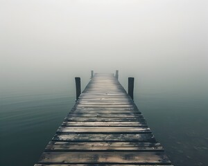 Naklejka premium Misty Pier Extending into Fog-Shrouded Lake,Conveying Solitude and Melancholy