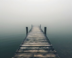 Misty Pier Extending into Fog-Shrouded Lake,Conveying Solitude and Melancholy