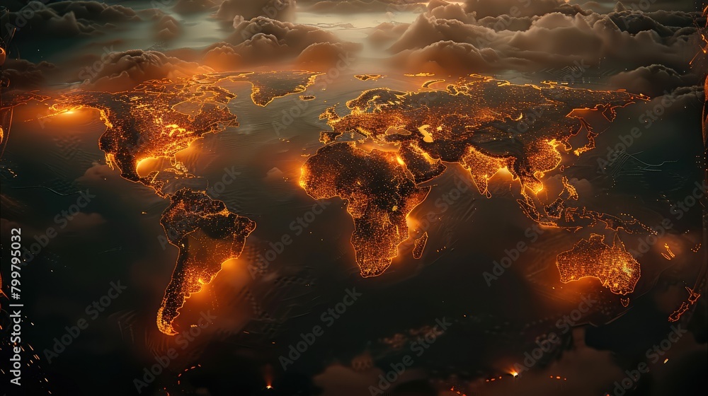 Poster glowing world map in dark background, top view. generative ai.