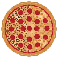 Vector illustration of a pepperoni and olive pizza.