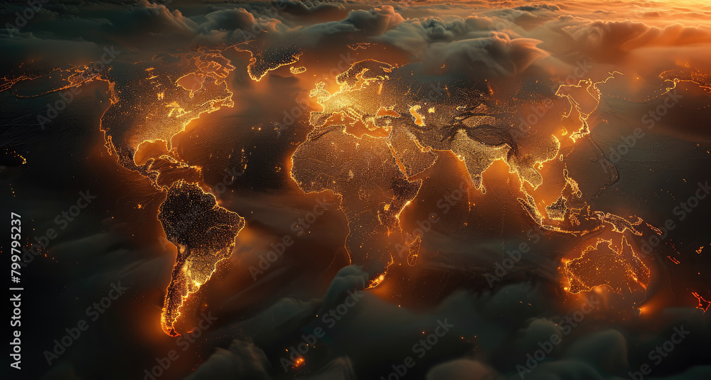 Poster glowing world map in dark background, top view. generative ai.