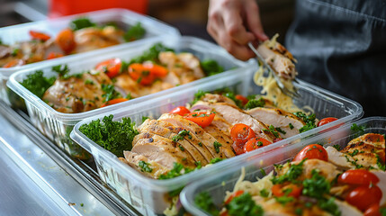 Obraz premium Preparing takeaway chicken salad meals for delivery. Gloved hand portions out a nutritious chicken salad with vegetables and cheese into containers for food delivery services during covid-19