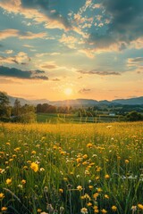 Fototapeta premium Sunset over a vibrant meadow with yellow flowers