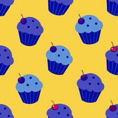 Seamless pattern of blueberry cupcakes bursting with juicy berries, Generative AI