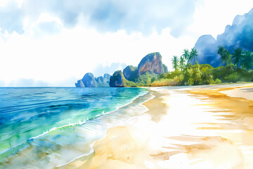 Beautiful seascape. Digital watercolor painting on canvas.