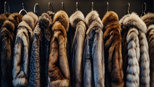 A line of opulent fur Coats in MIRONE COLOUR are arranged neatly on a rack in an elegant boutique.
