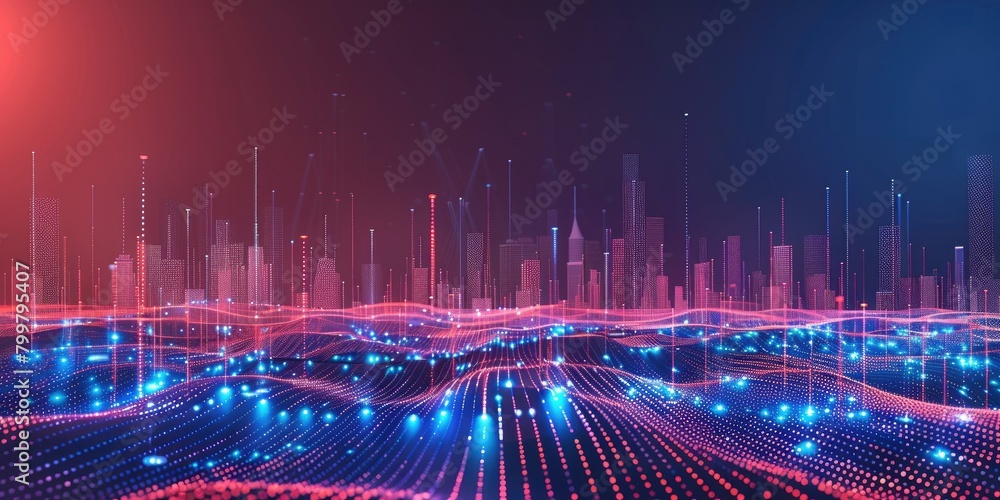 Poster smart city and abstract dot point connect with gradient line and aesthetic intricate wave line desig