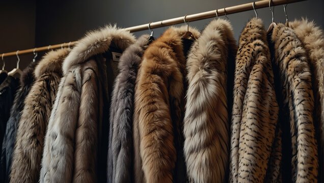 A line of opulent fur Coats in MIRONE COLOUR are arranged neatly on a rack in an elegant boutique.