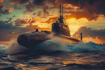 Naval submarine on the sea surface rush at fast speed from the depths sunset