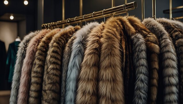 A line of opulent fur Coats in MIRONE COLOUR are arranged neatly on a rack in an elegant boutique.
