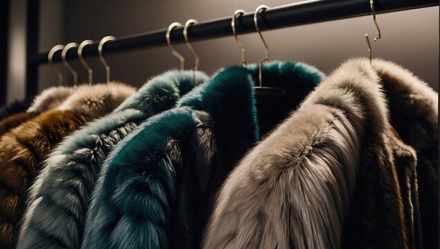 A line of opulent fur Coats in MIRONE COLOUR are arranged neatly on a rack in an elegant boutique.