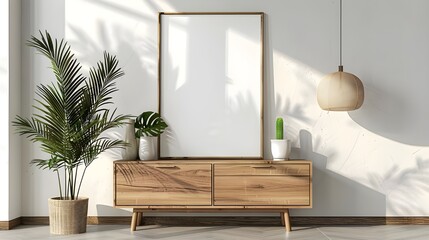 Mock up poster frame on cabinet in interior.3d rendering, Mockup frame in living room interior with chair and decor, Scandinavian style.3d rendering ai generated 