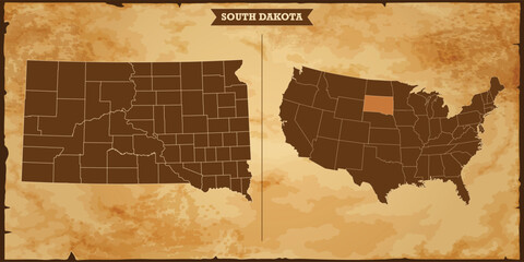 South Dakota state map, United States of America map with federal states in A vintage map based background, Political USA Map - obrazy, fototapety, plakaty