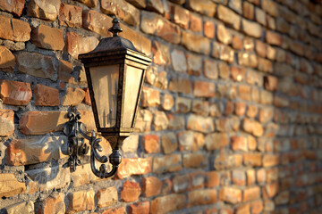 Textured brick wall illuminated by an Italian outdoor lantern, creating dramatic shadows.