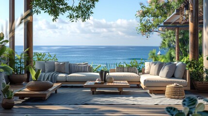 Outdoor Sofa Coastal Retreat: A 3D illustration of an outdoor sofa in a coastal retreat