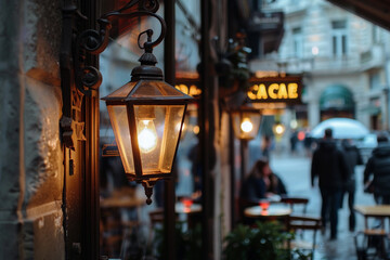 Warm glow from Italian fixtures through a cafe window invites passersby inside.