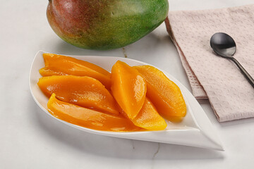 Canned mango slices in the bowl