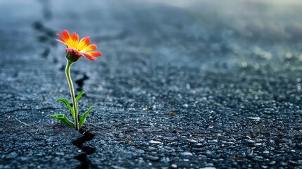 Hope springs eternal: A colorful flower grows from a crack in the asphalt, symbolizing the enduring...