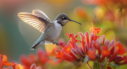 Naklejka premium A hummingbird feeding on a bright red flower, its wings a blur of motion. Generative AI.