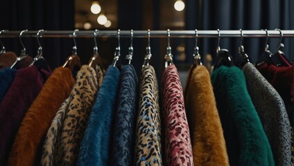 A row of luxurious MANY COLOUR FULL coats hanging neatly on a rack in a sophisticated fashion boutique

 - obrazy, fototapety, plakaty