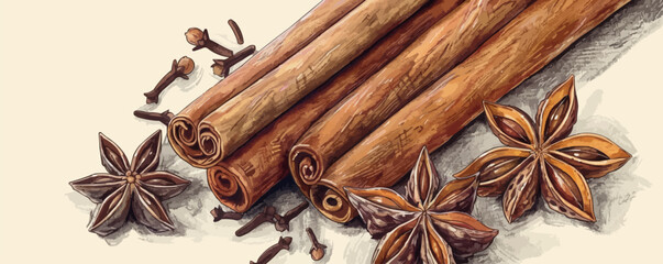 Fragrant cinnamon sticks, star anise. Spices and herbs, food concept. Hand drawn sketch vintage vector illustration. vector simple illustration