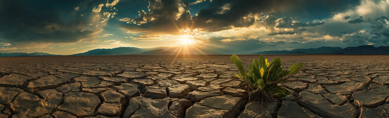 The sun casts a warm glow over the desert, highlighting a strong plant that has managed to survive...
