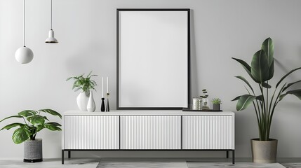 Mock up poster frame on cabinet in interior.3d rendering, Mockup frame in living room interior with chair and decor, Scandinavian style.3d rendering ai generated 