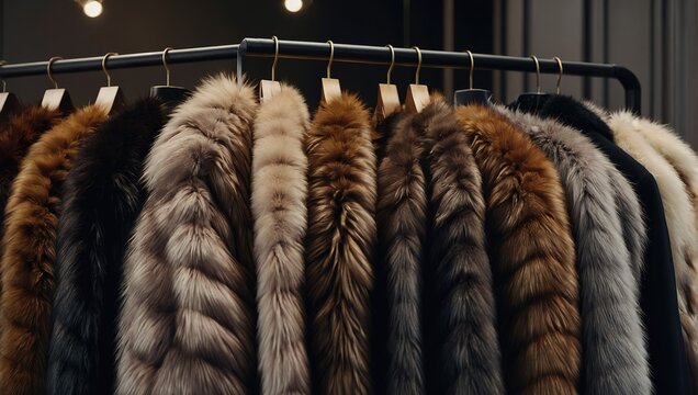A line of opulent fur Coats in MIRONE COLOUR are arranged neatly on a rack in an elegant boutique.