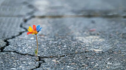 Life finds a way: A colorful flower breaks through the asphalt, a poignant reminder that hope can...