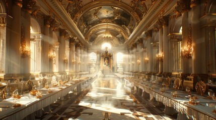Landscape of an monumental high fantasy ballroom set up for a feast, tables, throne, golden...
