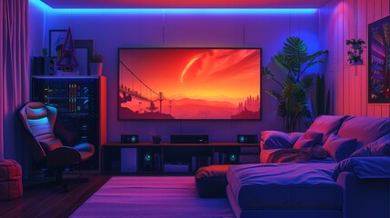 Reclining Sofa Gaming Station: An illustration depicting a gaming station with a reclining sofa