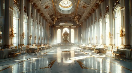 Landscape of an monumental high fantasy ballroom set up for a feast, tables, throne, golden...