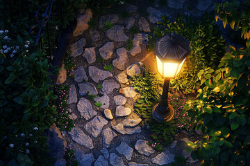 Italian outdoor lamp casting light on a garden path, showing texture interaction at dusk.